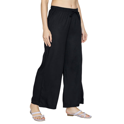 Women Solid Woven Viscose Palazzos - Black