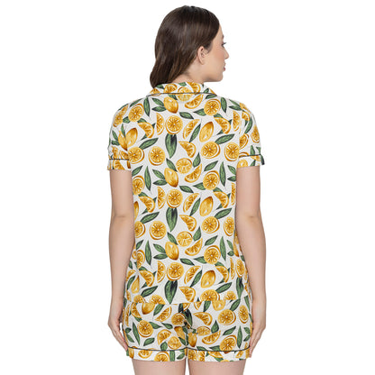 Women's  Printed Night Suit Set Of Top & Shorts - Yellow