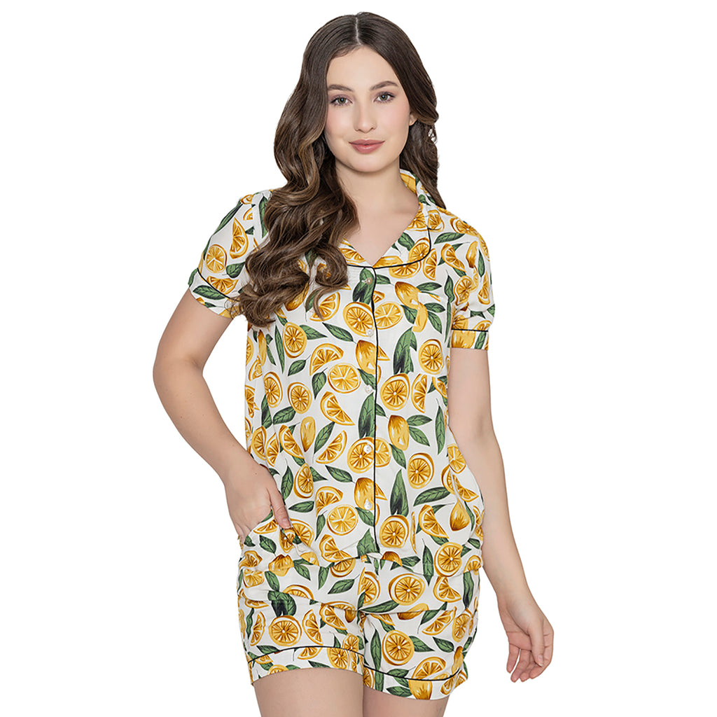 Women's  Printed Night Suit Set Of Top & Shorts - Yellow