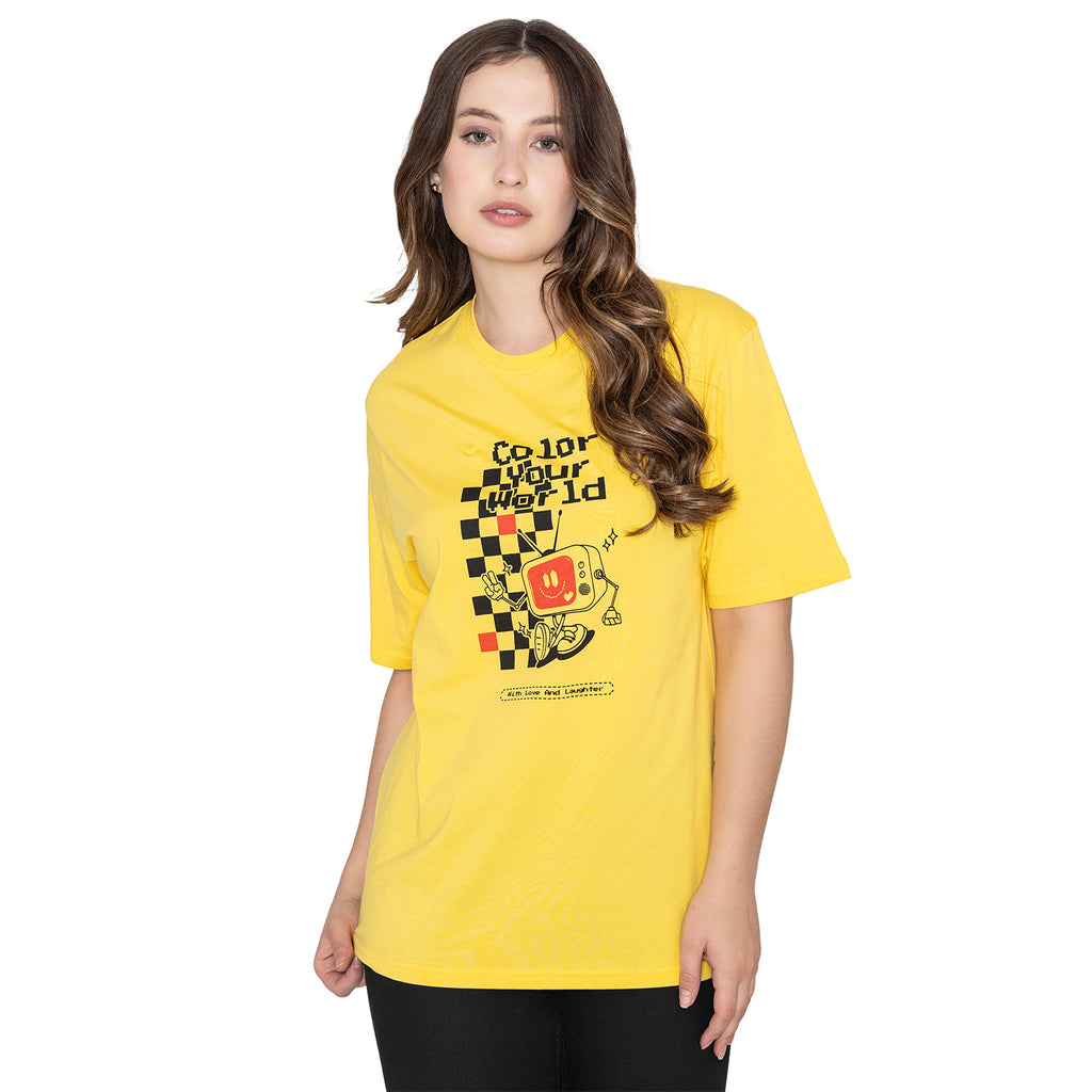Women's Graphic Printed Cotton T-Shirt - Yellow