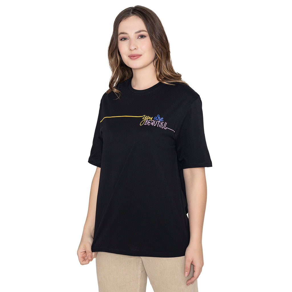 Women's Graphic Printed Cotton T-Shirt - Black