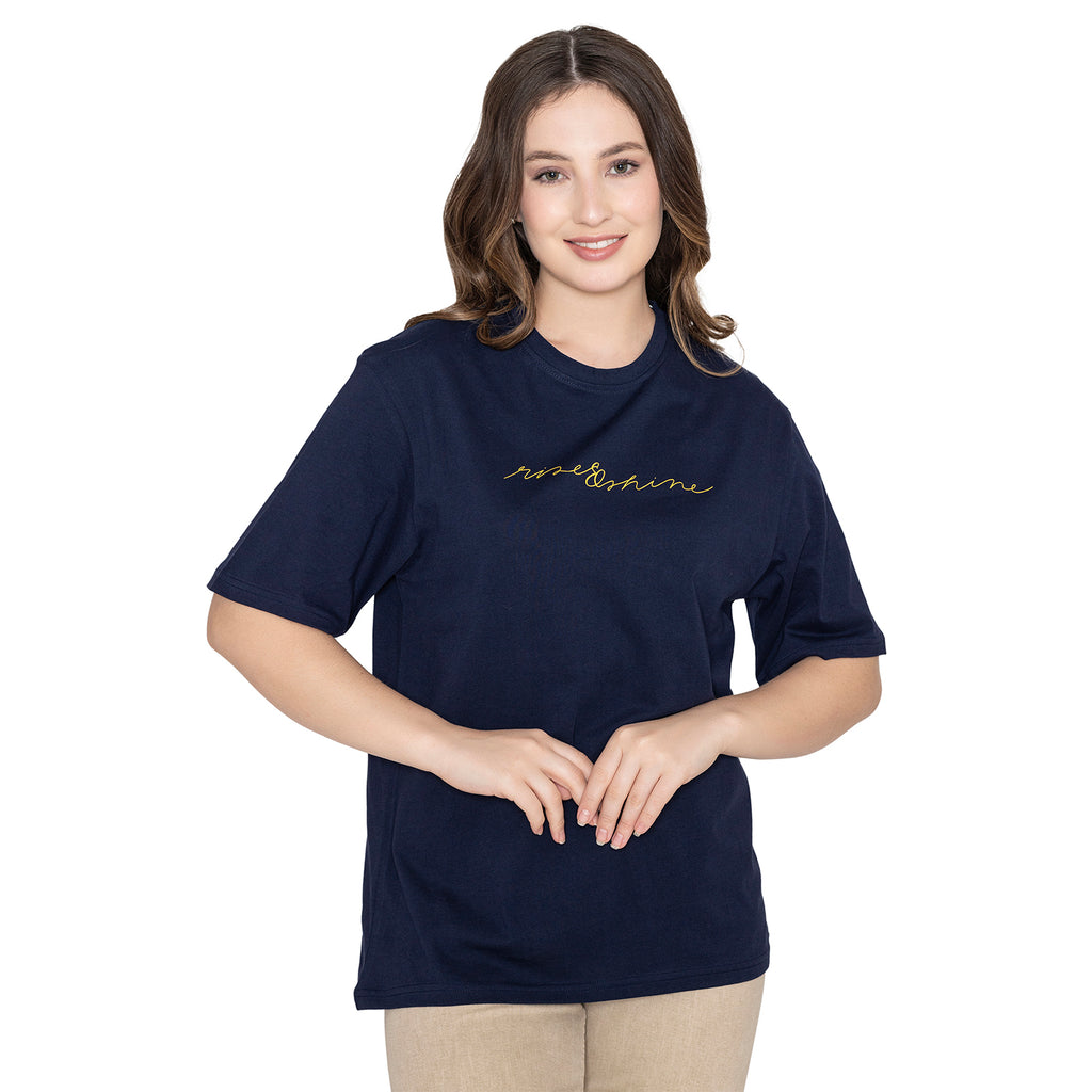 Women's Graphic Printed Cotton T-Shirt - Navy