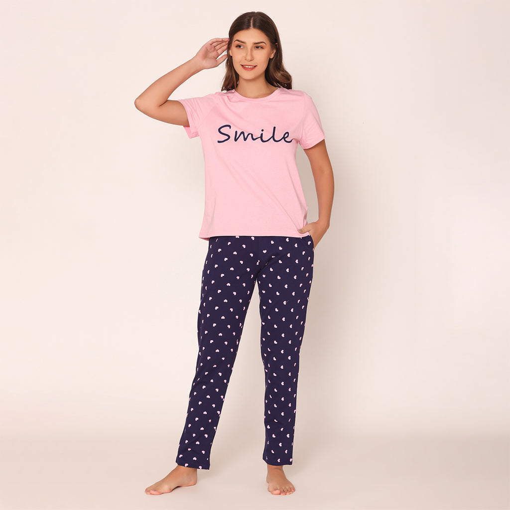 Women's Smile Typography printed T-Shirt & Lower Nightwear Set