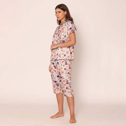 Women's Satin Floral Fantasy Night Suit Set of Shirt & Capri