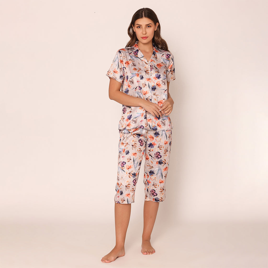 Women's Satin Floral Fantasy Night Suit Set of Shirt & Capri