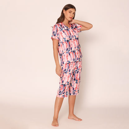 Women's Satin Paradise Night Suit Set of Shirt & Capri