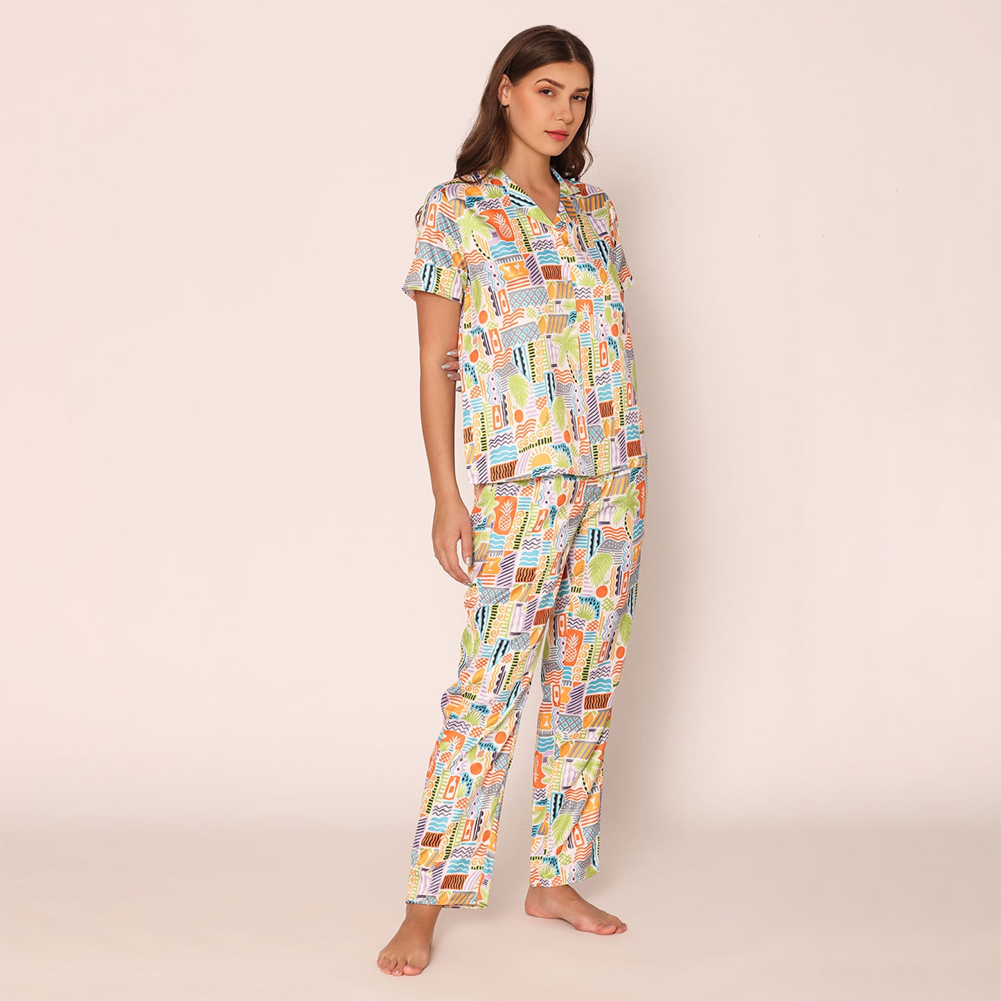Vibrant Visions Satin Shirt & Pajama Night Suit Set for Women