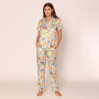 Vibrant Visions Satin Shirt & Pajama Night Suit Set for Women