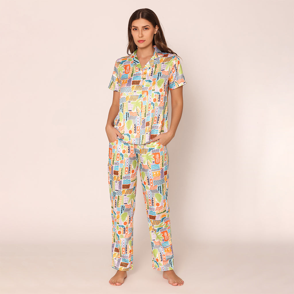 Vibrant Visions Satin Shirt & Pajama Night Suit Set for Women