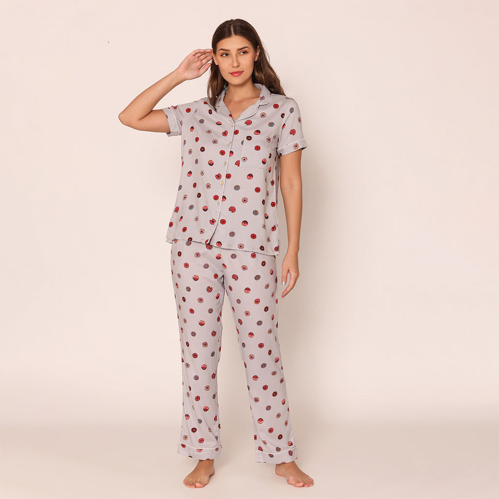 Women's Printed Shirt & Pajama Night Suit Set