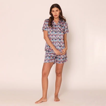 Women's Painted Paradise Satin Night Suit Set of Shirt Shorts