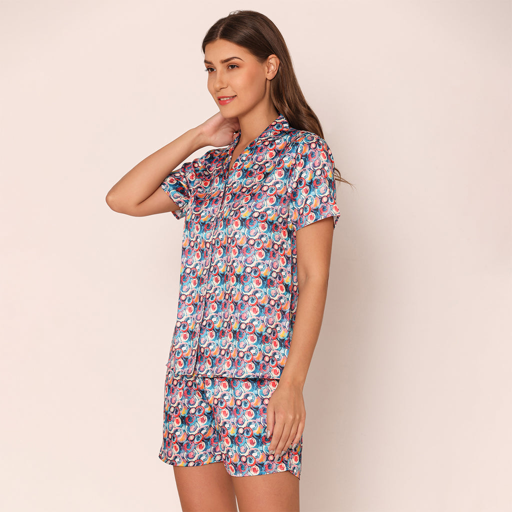 Women s Painted Paradise Satin Night Suit Set of Shirt Shorts BONJOUR