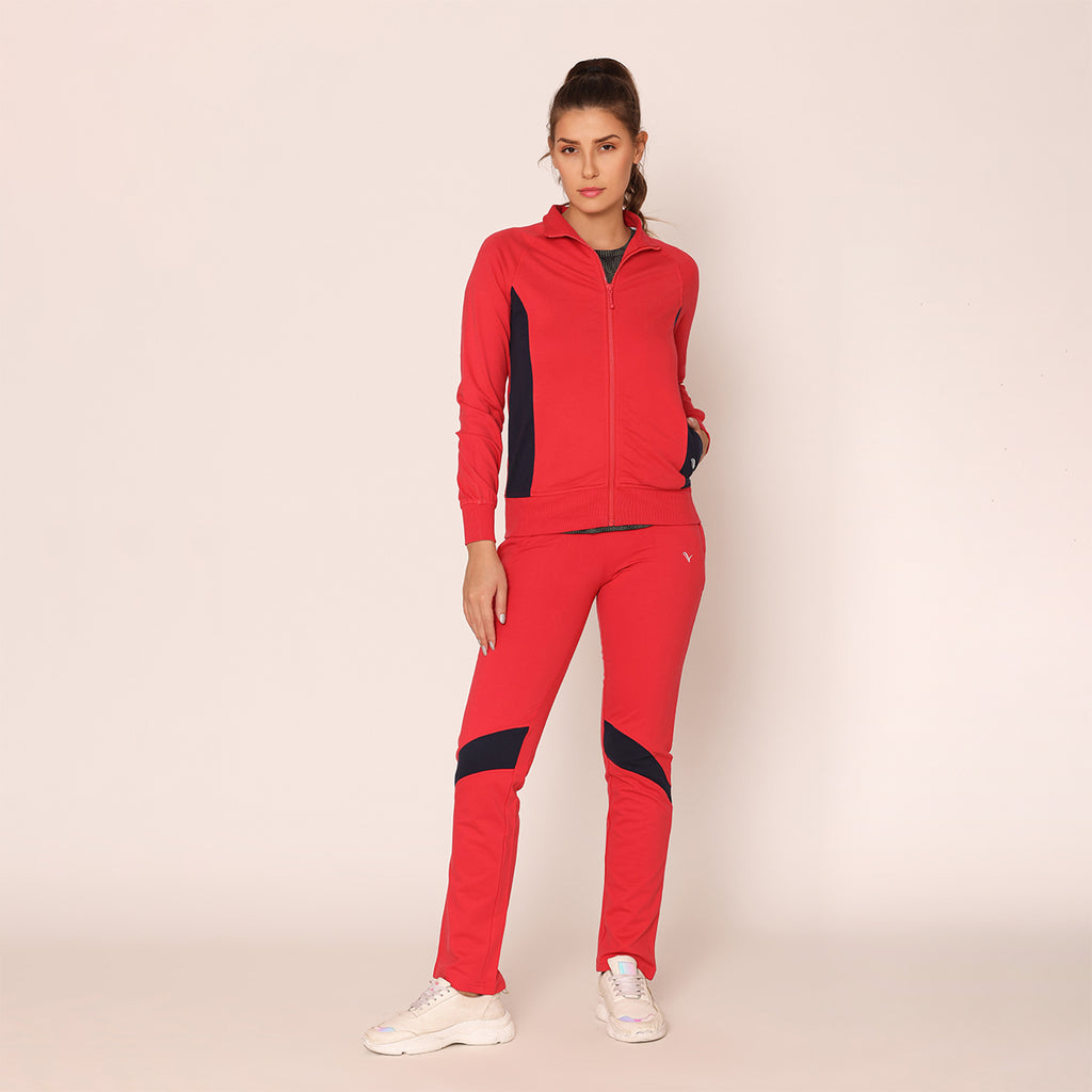 Women's Modern Athleisure Track Suit Set- Roccoco Red/ Navy