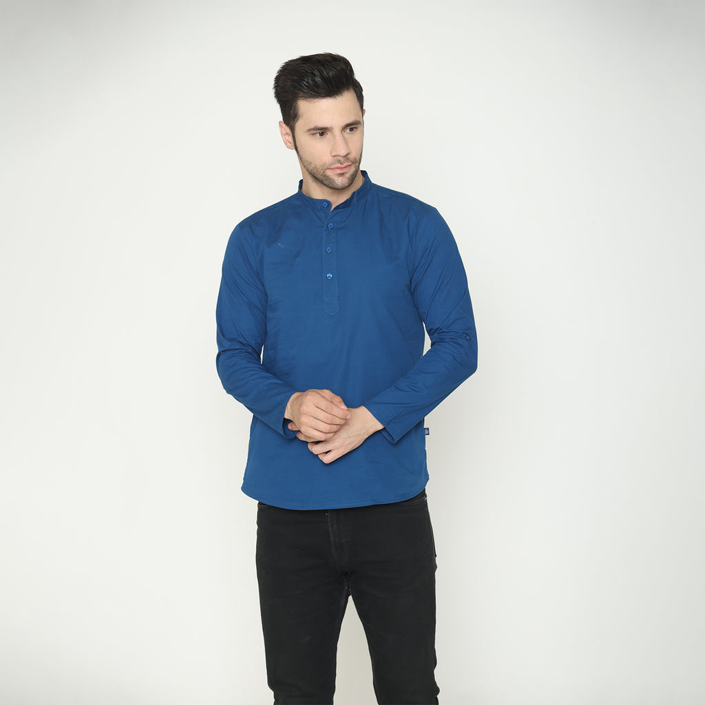 Men's Solid Short Kurta - Strong Blue