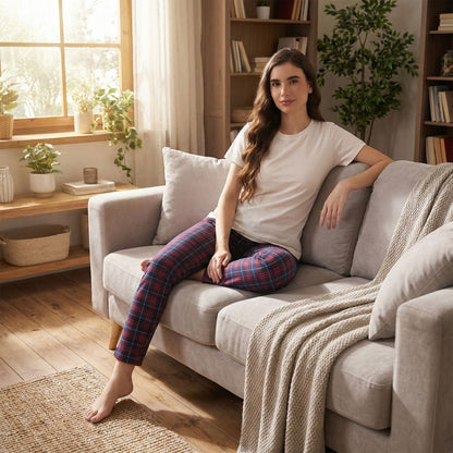 Women's Knitted Checkered Prints Cotton Pajamas - Navy