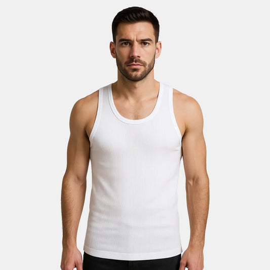 Men's Cotton Ribbed Stretch-Fit Sleeveless White Vests – Pack of 1
