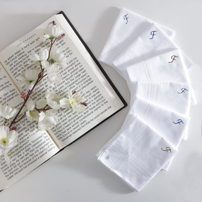 Men's White Cotton Handkerchief With Alphabet F Initial (Pack of 6)