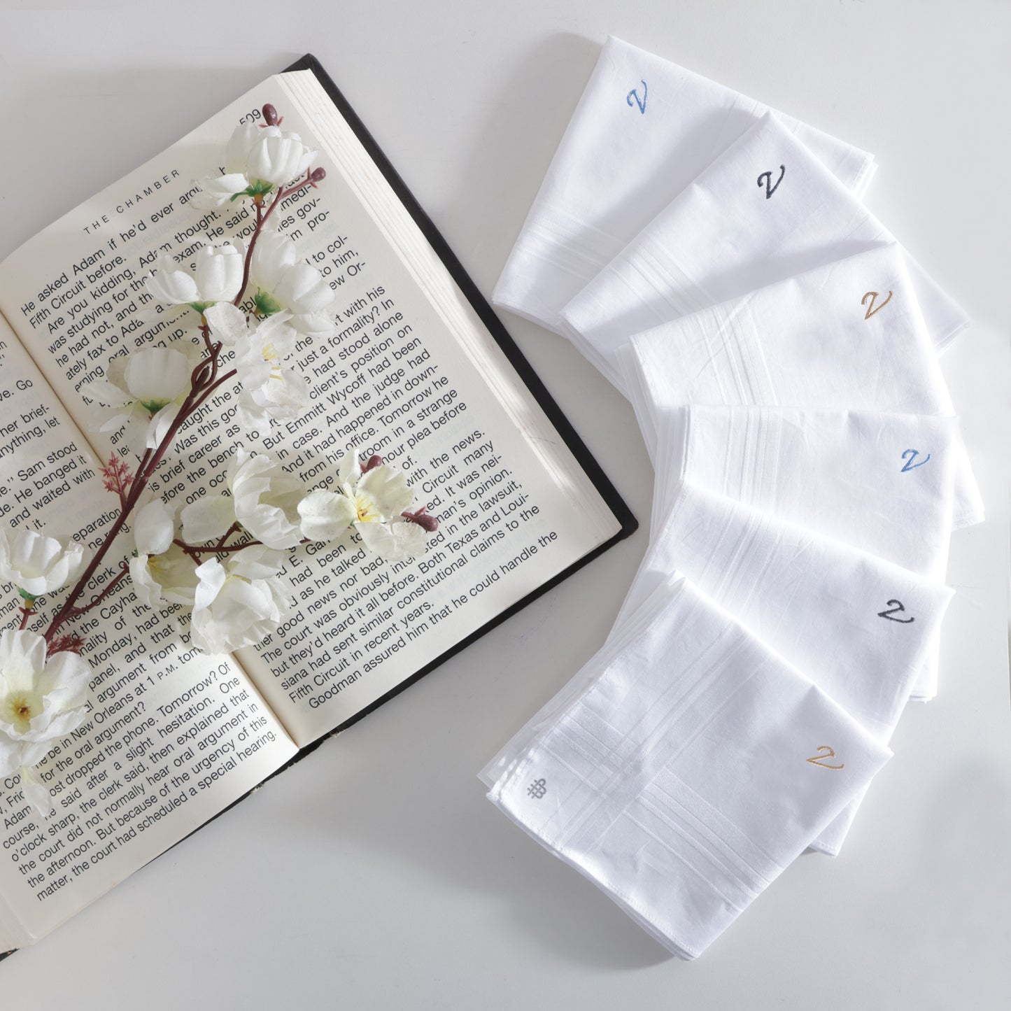 Men's White Cotton Handkerchief With Alphabet V Initial (Pack of 6)