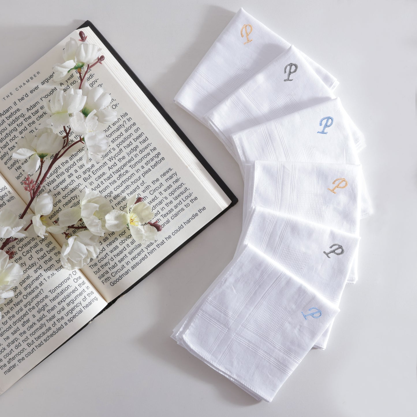 Men's White Cotton Handkerchief With Alphabet P Initial (Pack of 6)