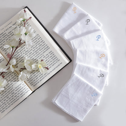 Men's White Cotton Handkerchief With Alphabet P Initial (Pack of 6)