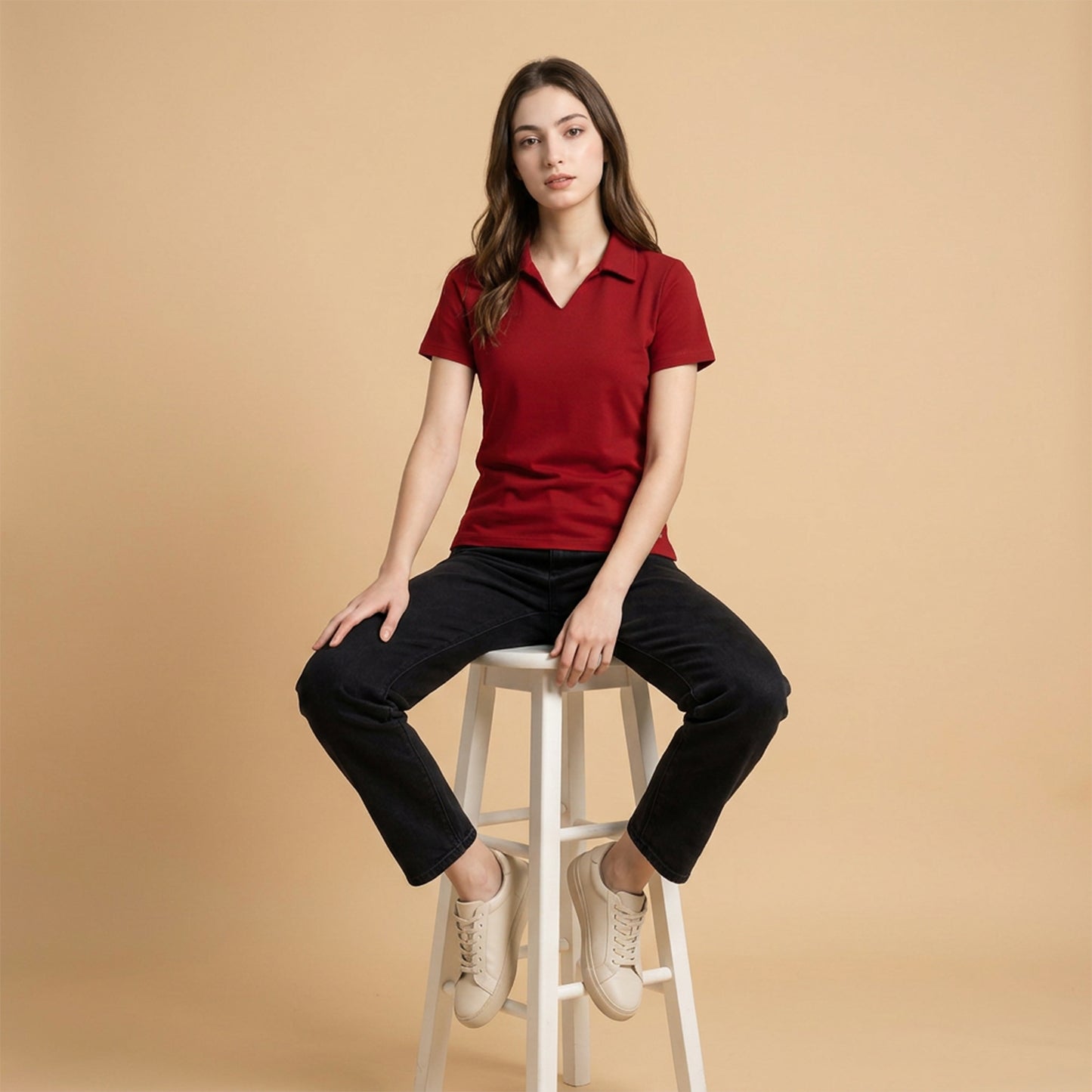 Women’s Solid Red Polo Half Sleeve T-Shirt