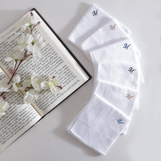 Men's White Cotton Handkerchief With Alphabet M Initial (Pack of 6)