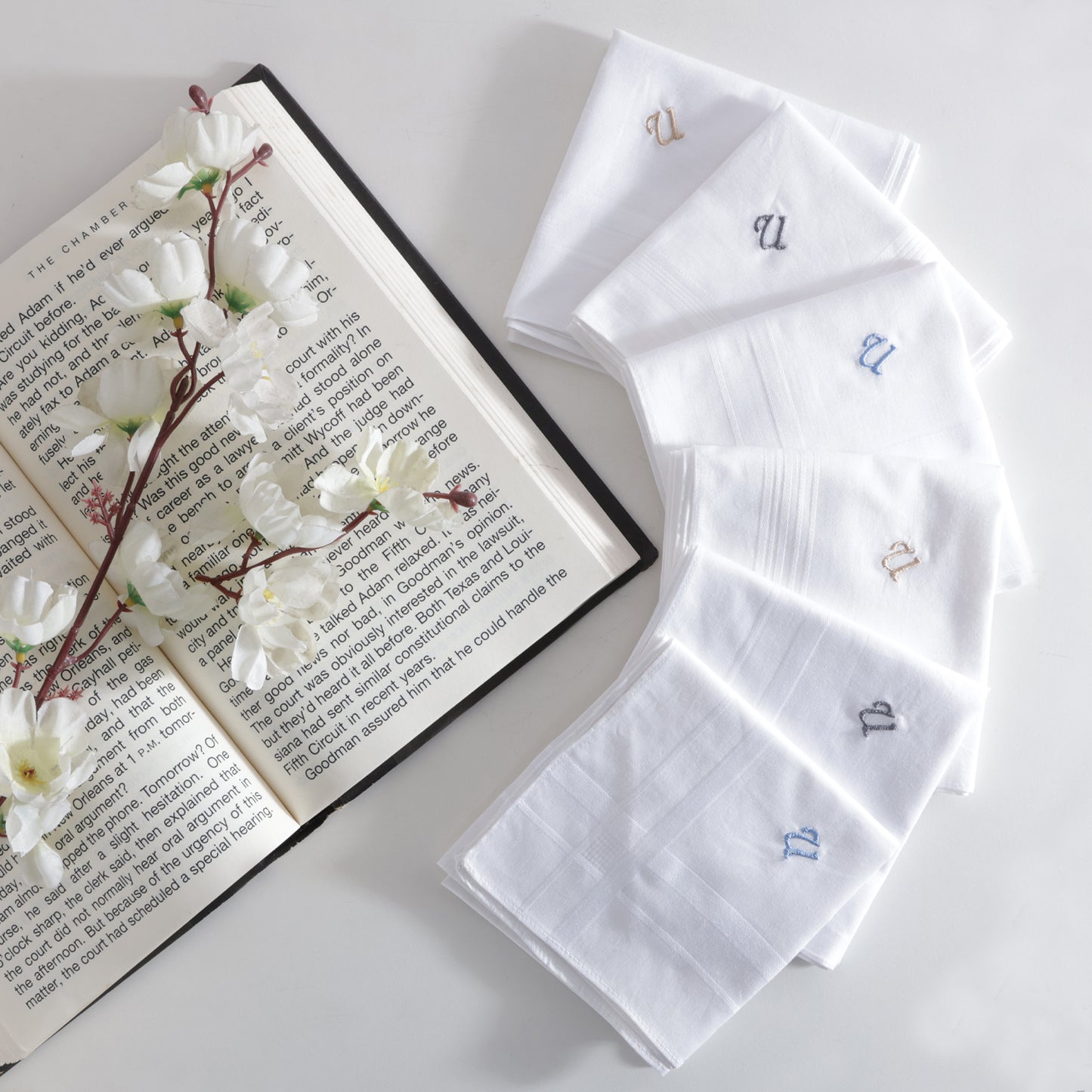 Men's White Cotton Handkerchief With Alphabet U Initial (Pack of 6)