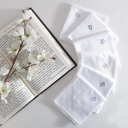 Men's White Cotton Handkerchief With Alphabet U Initial (Pack of 6)
