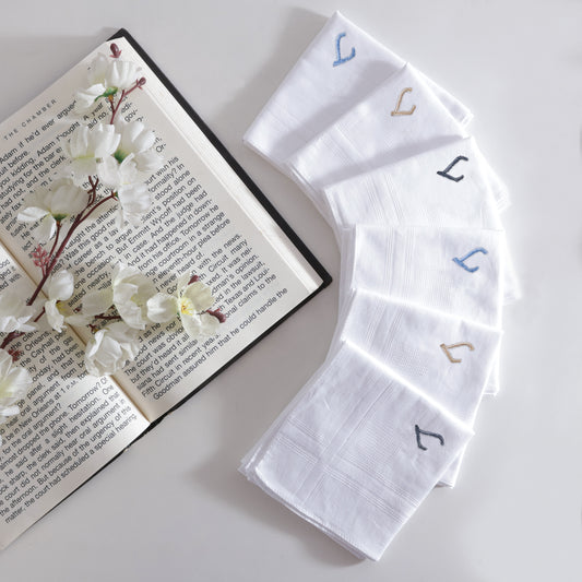 Men's White Cotton Handkerchief With Alphabet L Initial (Pack of 6)