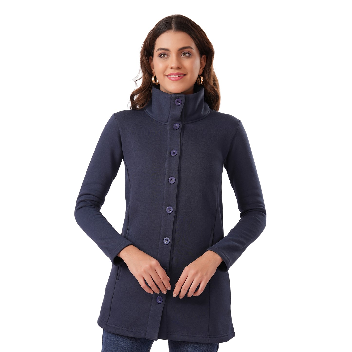 Women Winter High Neck Long Coat (Navy Blue)