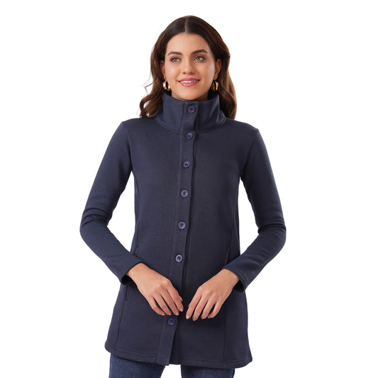 Women Winter High Neck Long Coat (Navy Blue)