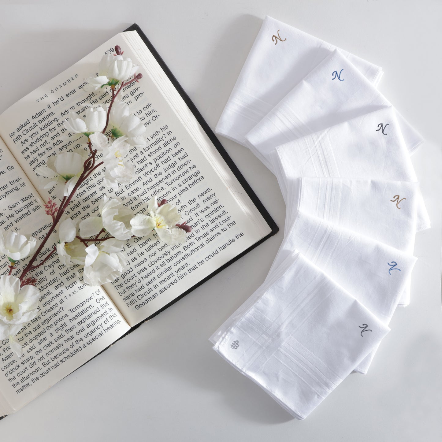 Men's White Cotton Handkerchief With Alphabet N Initial (Pack of 6)