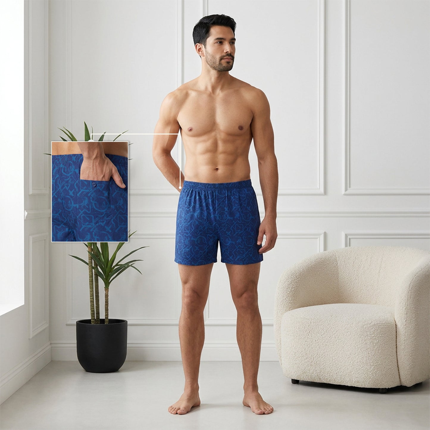 Men’s 100% Cotton Printed Mid-Rise Boxer Shorts - (Indigo)
