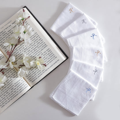 Men's White Cotton Handkerchief With Alphabet K Initial (Pack of 6)