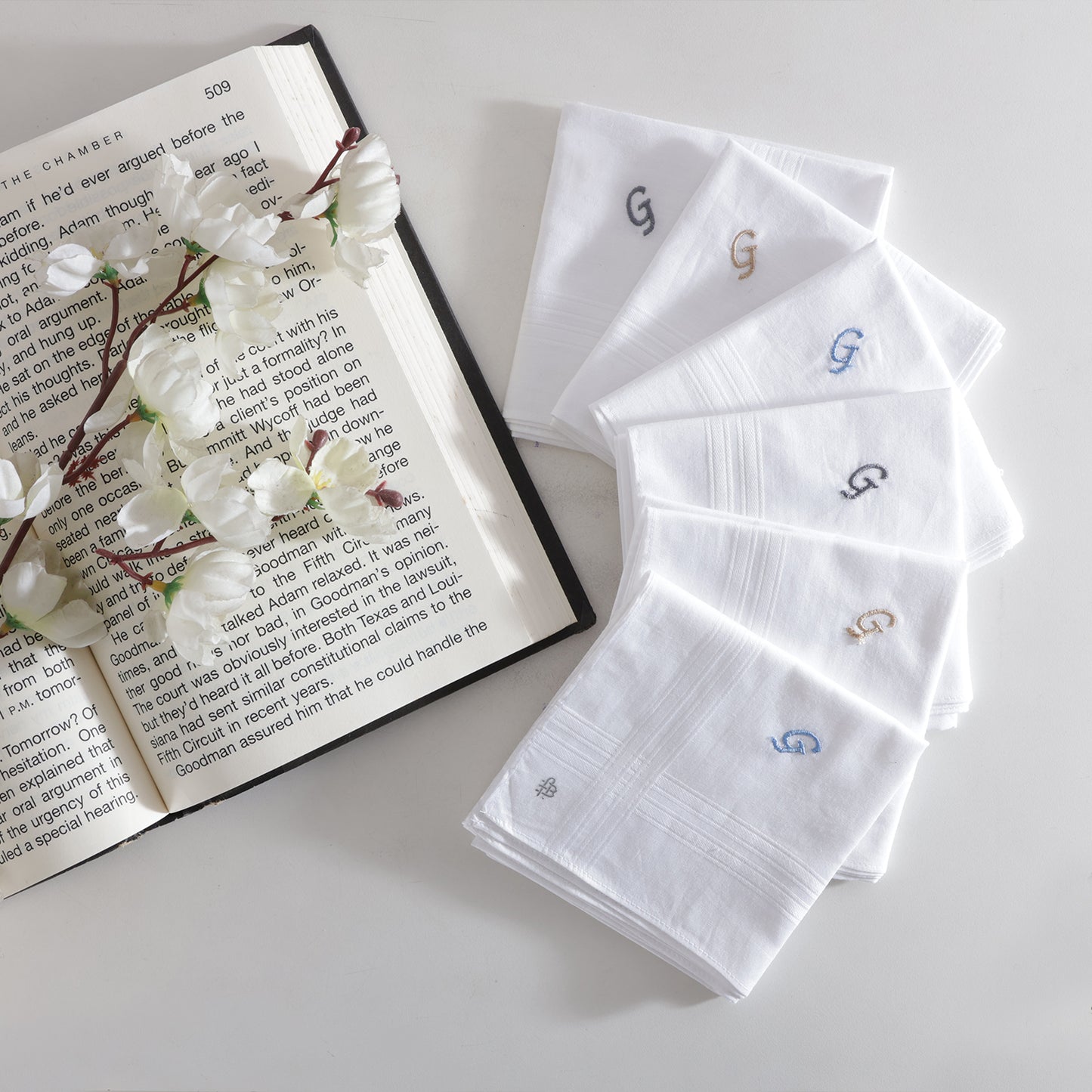 Men's White Cotton Handkerchief With Alphabet G Initial (Pack of 6)