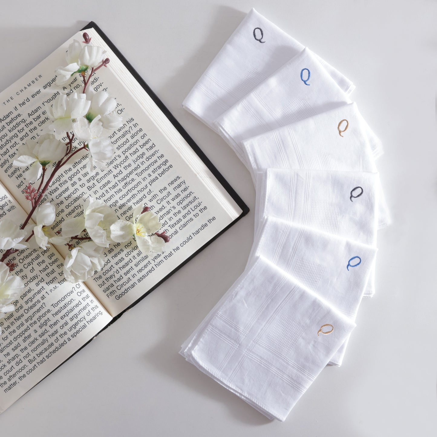 Men's White Cotton Handkerchief With Alphabet Q Initial (Pack of 6)