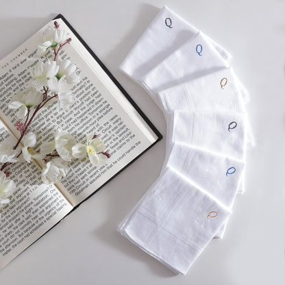 Men's White Cotton Handkerchief With Alphabet Q Initial (Pack of 6)