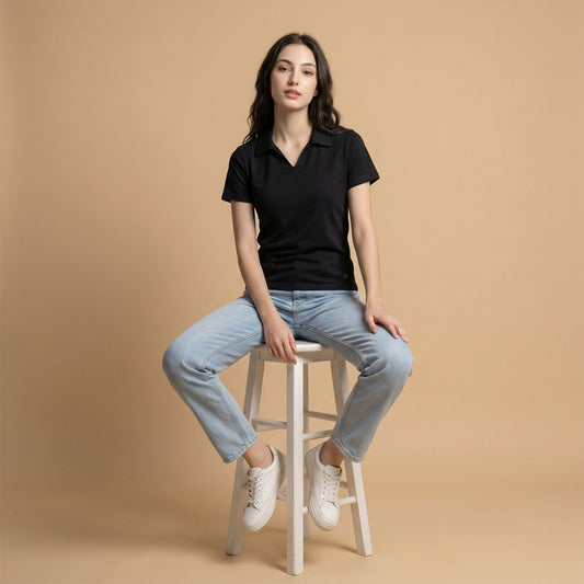Women’s Solid Black Polo Half Sleeve T-Shirt