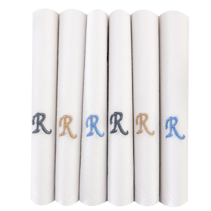 Men's White Cotton Handkerchief With Alphabet R Initial (Pack of 6)