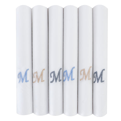 Men's White Cotton Handkerchief With Alphabet M Initial (Pack of 6)