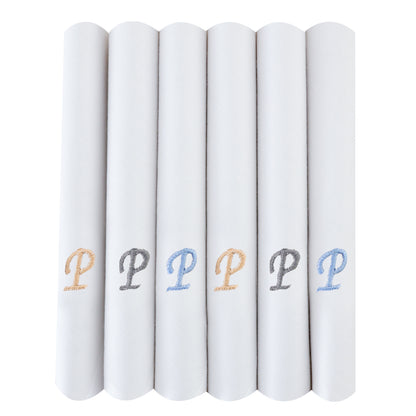 Men's White Cotton Handkerchief With Alphabet P Initial (Pack of 6)