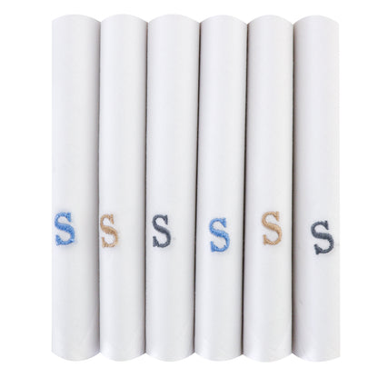 Men's White Cotton Handkerchief With Alphabet S Initial (Pack of 6)