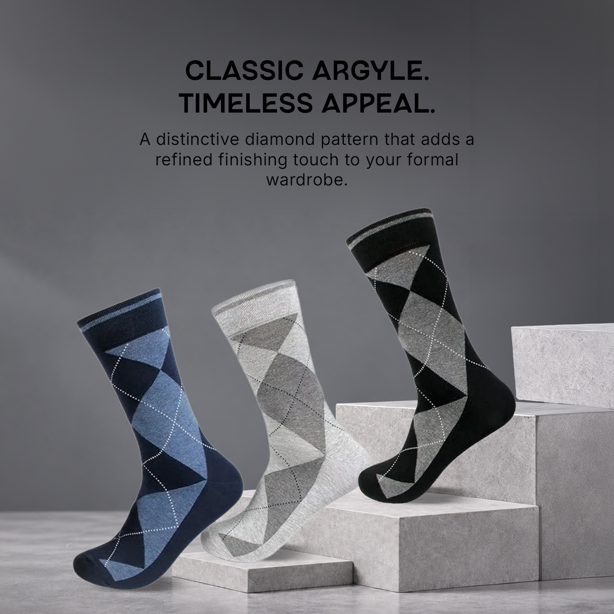 Men's Classic Argyle Formal Multicoloured Crew Length Socks - pack of 3