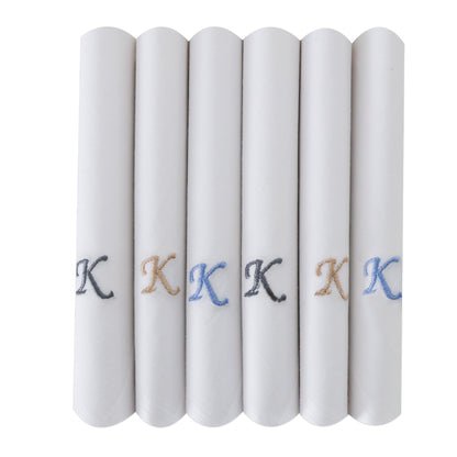 Men's White Cotton Handkerchief With Alphabet K Initial (Pack of 6)
