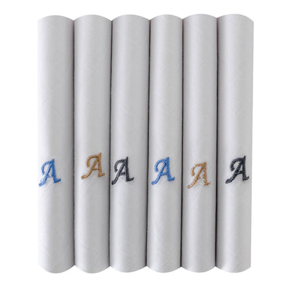 Men's White Cotton Handkerchief With Alphabet A Initial (Pack of 6)
