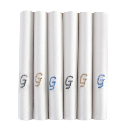 Men's White Cotton Handkerchief With Alphabet G Initial (Pack of 6)