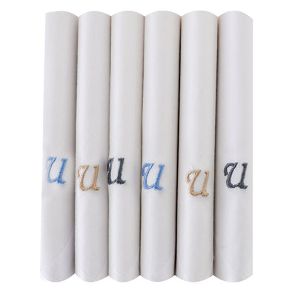 Men's White Cotton Handkerchief With Alphabet U Initial (Pack of 6)