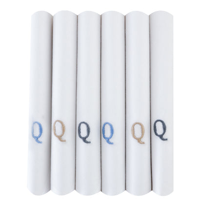 Men's White Cotton Handkerchief With Alphabet Q Initial (Pack of 6)
