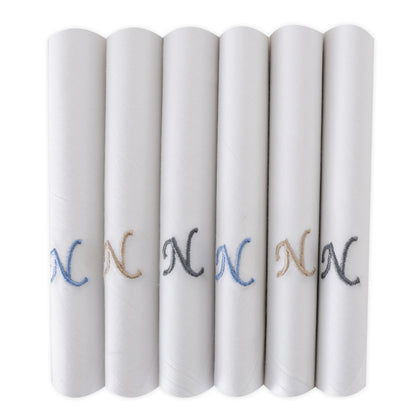 Men's White Cotton Handkerchief With Alphabet N Initial (Pack of 6)