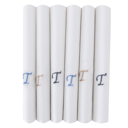 Men's White Cotton Handkerchief With Alphabet T Initial (Pack of 6)